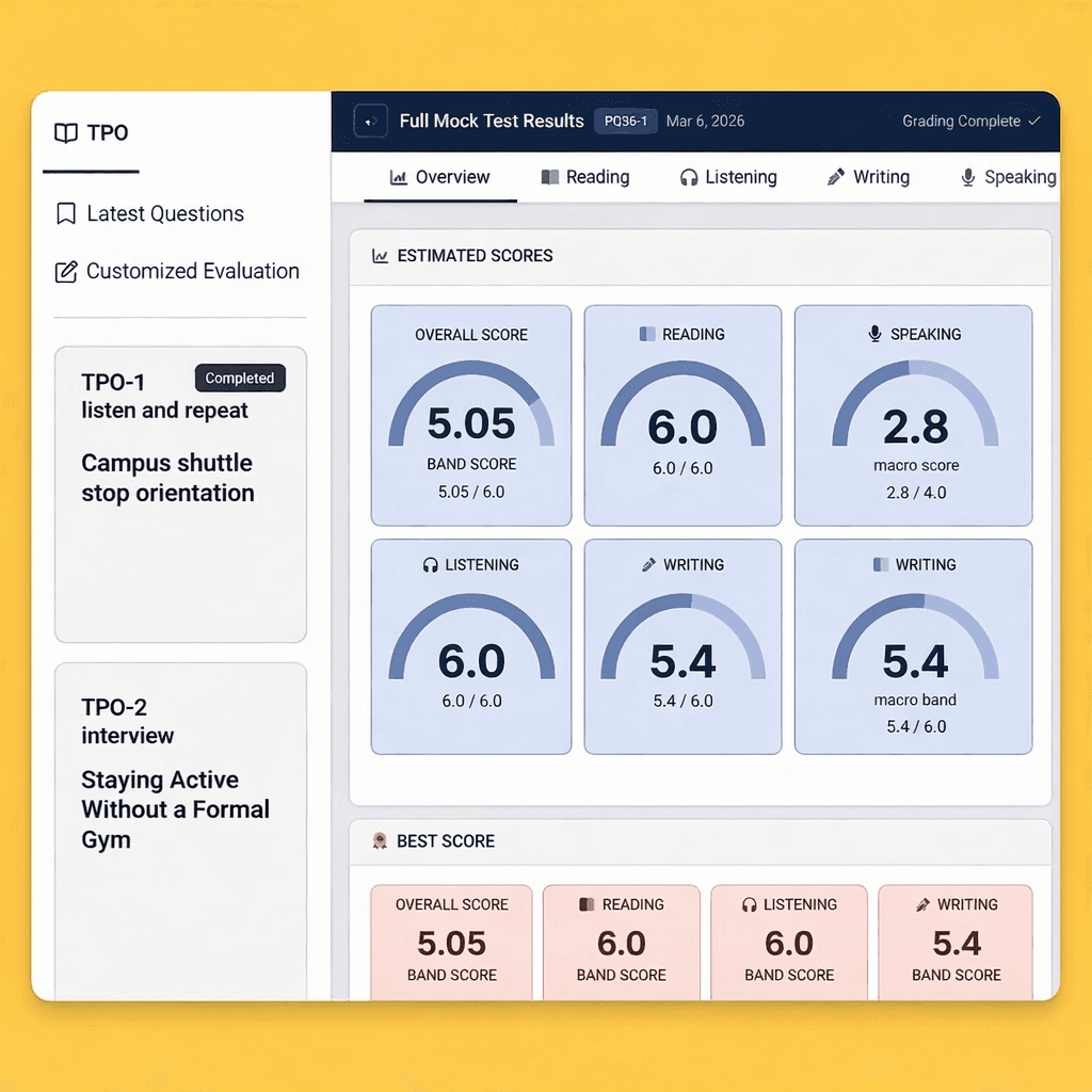 15 full-section TOEFL mock tests with instant estimated scores