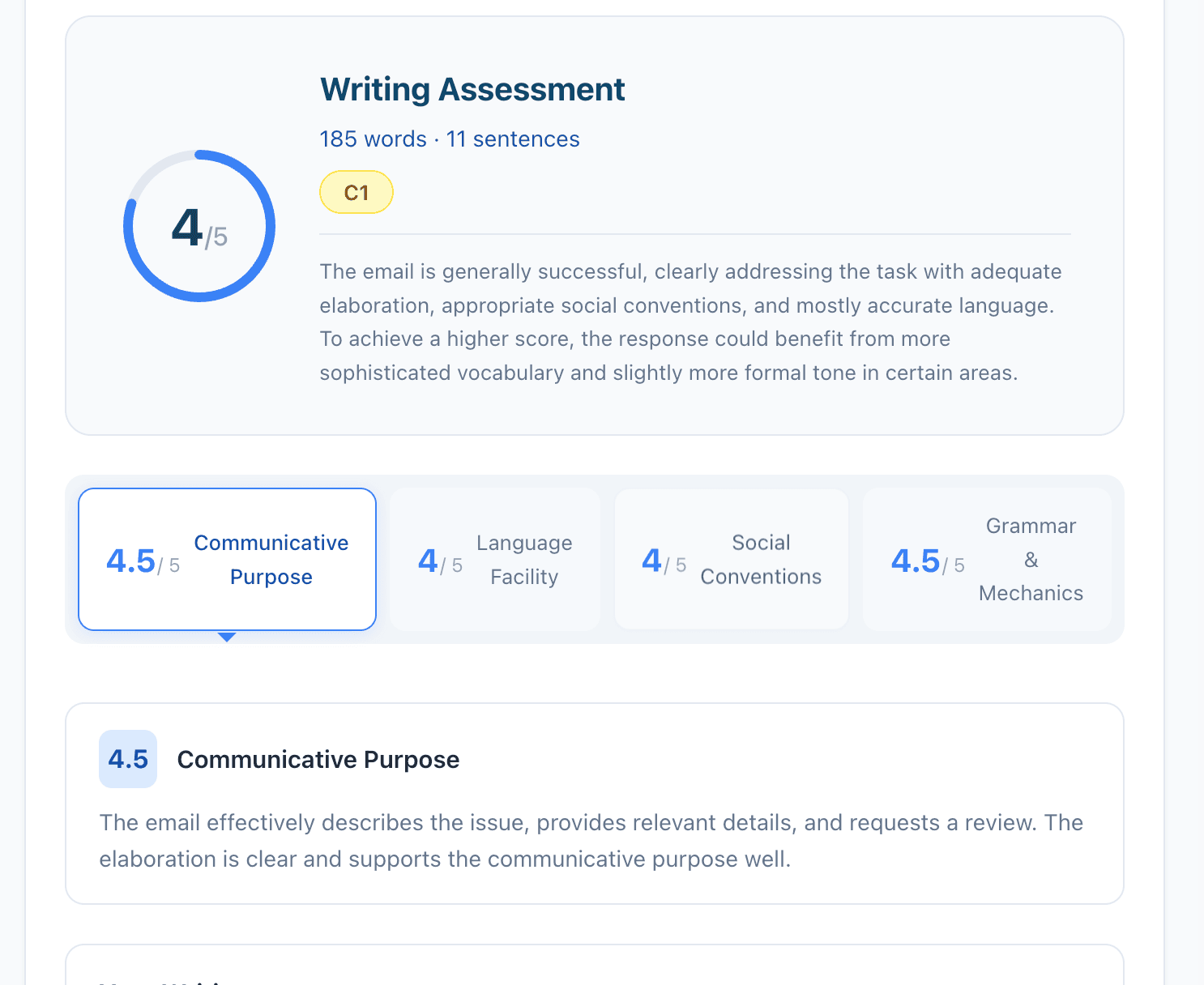 AI Writing assessment score with rubric breakdown