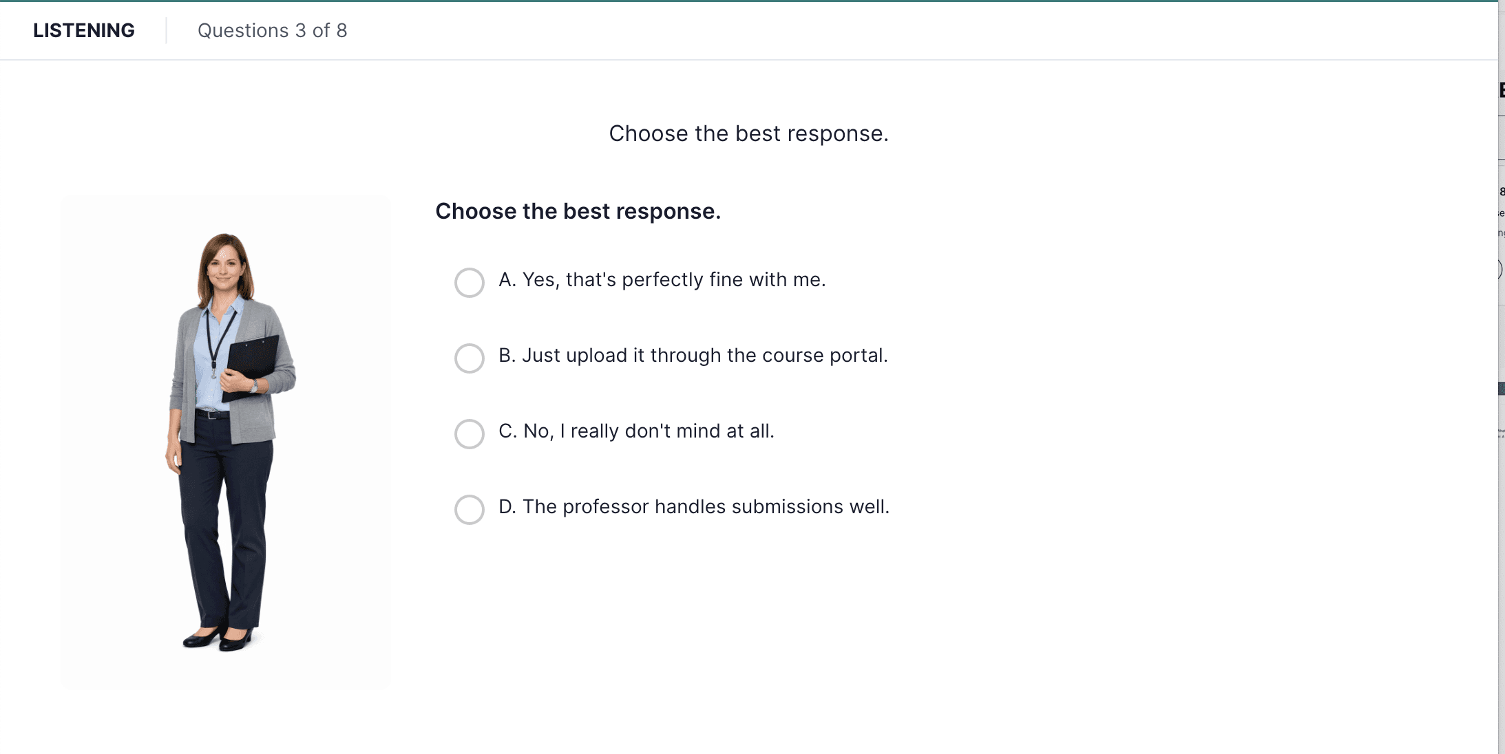 Screenshot of the Choose a Response listening task with a dialogue prompt and four multiple-choice response options