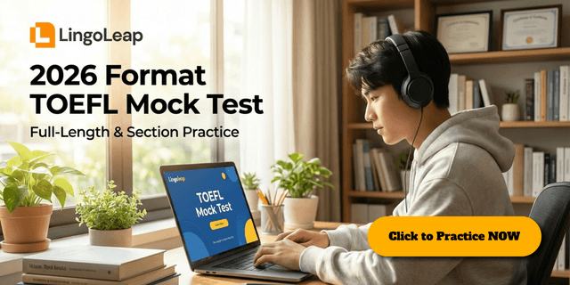 Promotional banner for LingoLeap’s 2026 format TOEFL mock test, showing a student practicing on a laptop at LingoLeap's webpage.