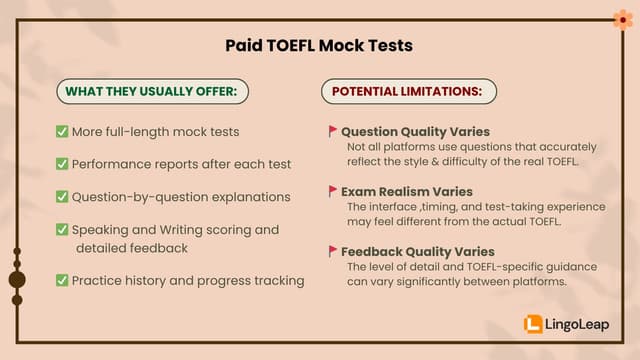 Comparison of paid TOEFL mock test benefits and drawbacks, including full-length practice tests, Speaking and Writing feedback, performance reports, and platform quality differences.