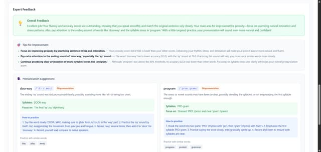 LingoLeap's TOEFL Speaking feedback report showing overall assessment, personalized improvement tips, pronunciation analysis, and word-level pronunciation practice recommendations after a mock test.