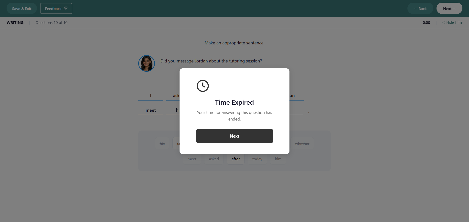 Lingoleap Writing task — "Time Expired" modal at 0:00 demonstrates the locked per-section timer used in a mock test